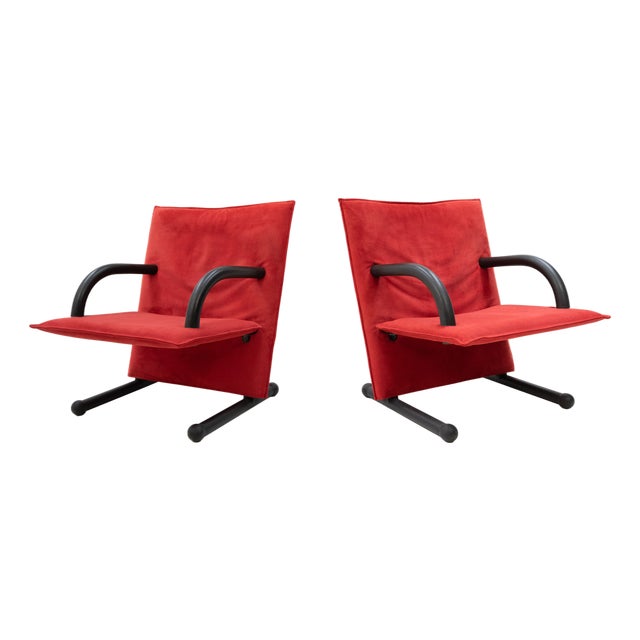 Postmodern T Line Lounge Chairs in Red Alcantara by Arflex,, Italy, 1982, Set of 2 For Sale