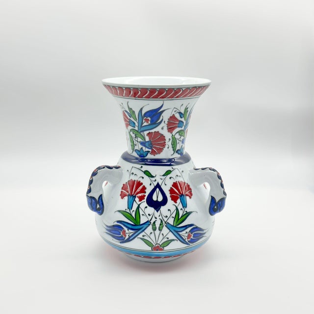 Blue Handmade Ceramic Kandil Vase (20cm) Classic White Floral Triple Handled Form For Sale - Image 8 of 9