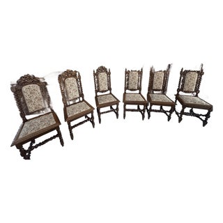 Circa 1860 French Louis XIII Hunting Style Carved Oak Chairs, Set of 6 For Sale