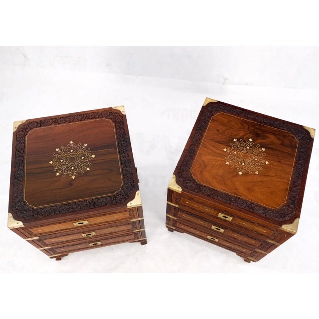 Mid 20th Century Pair 3 Drawer Solid Rosewood Campaign Style Brass Inlay Decorated Night Stands For Sale - Image 5 of 13