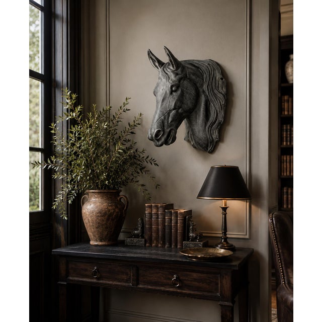 A striking vintage cast aluminum horse head wall sculpture, possibly French or Continental European in origin. This...