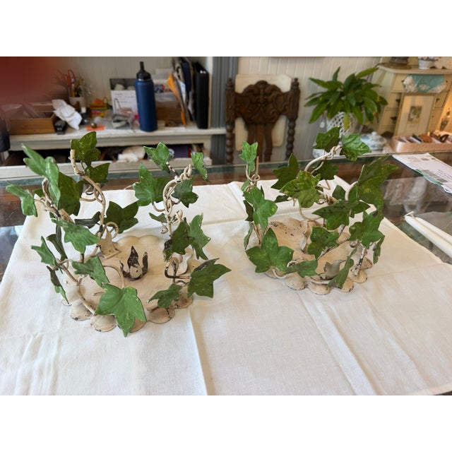 Vintage Ivy Metal Tole Hurricane Candle Holders Pair For Sale In Los Angeles - Image 6 of 14