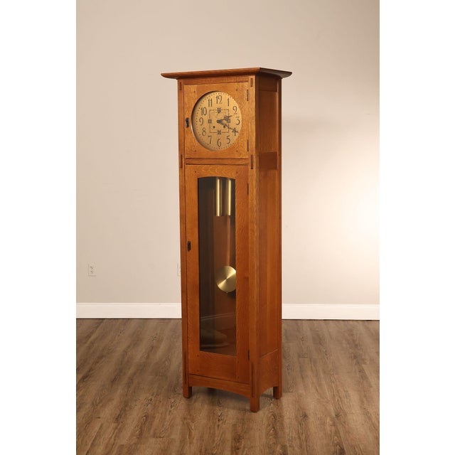 High Quality American Made Oak Case Grandfather Clock with Arched Glass Door and Brass Weights. Finish #35 Fayetteville