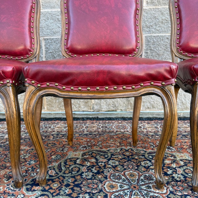 Mid 20th Century Tacked Red Vinyl & Fruitwood French Louis XV Fauteuil Dining Chairs - Set of 3 For Sale In Philadelphia - Image 6 of 17