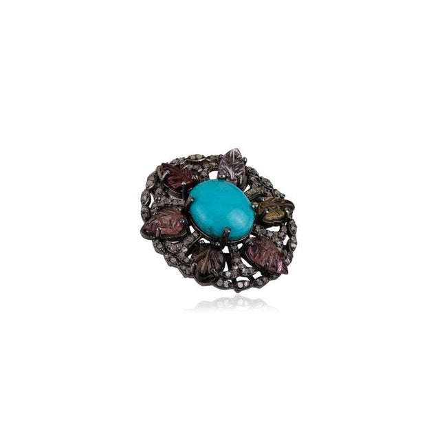 Ornate Turquoise Carved Tourmaline Diamond Statement 925 Silver Pendant For Sale - Image 4 of 12