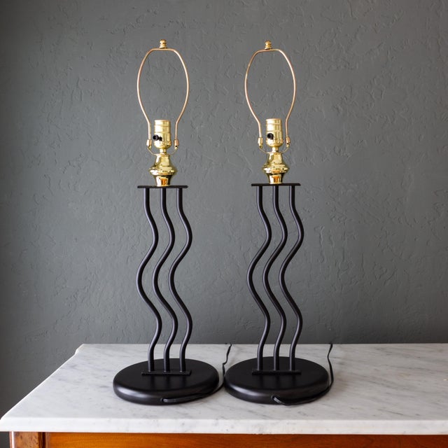 Black Wavy Memphis Style Squiggle Lamps | Set of Two For Sale - Image 4 of 11