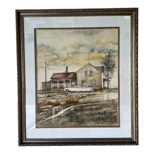 1970's Jamie McElhiney Farm House Landscape Watercolor Painting, Framed