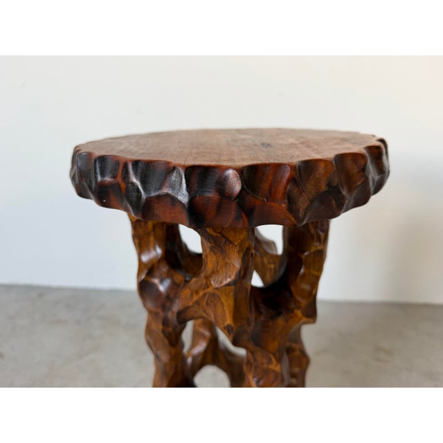 Vintage Organic Hand-Carved Mahogany Wood Plant Stand / Pedestal Table For Sale In Miami - Image 6 of 12