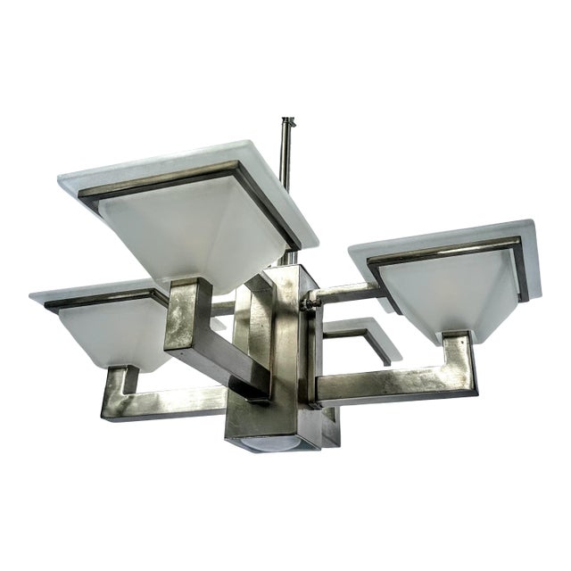 Early 21st Century 5-Light Postmodern Mission Style Chandelier in Brushed Nickel Finish For Sale