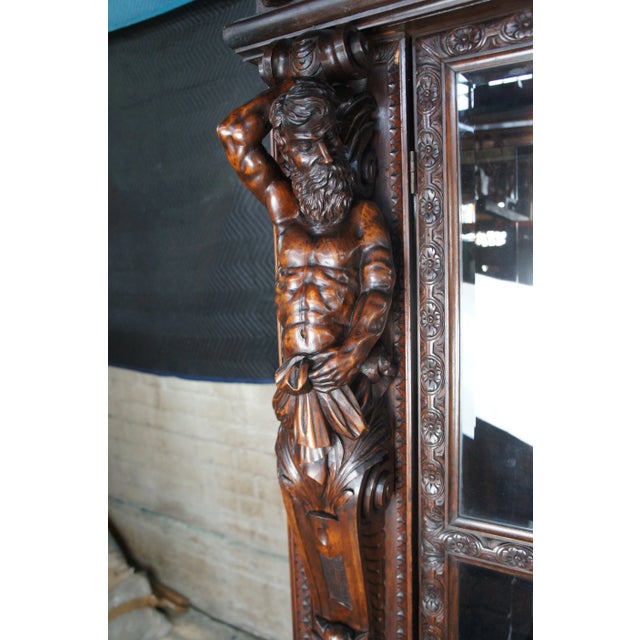 Monumental Antique Italian Renaissance Figural Mahogany Bookcase Curio Display Cabinet For Sale - Image 12 of 12