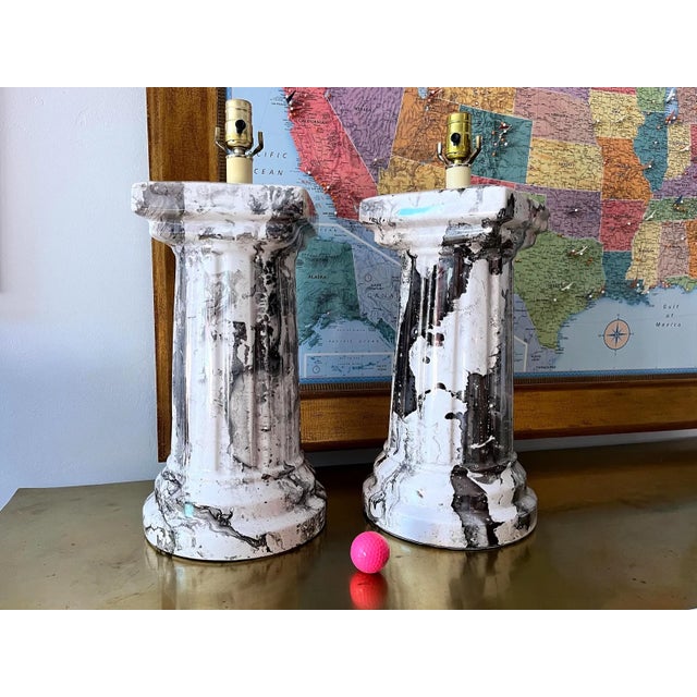 1970s Marbled Column Lamps & Shades - A Pair For Sale - Image 9 of 15
