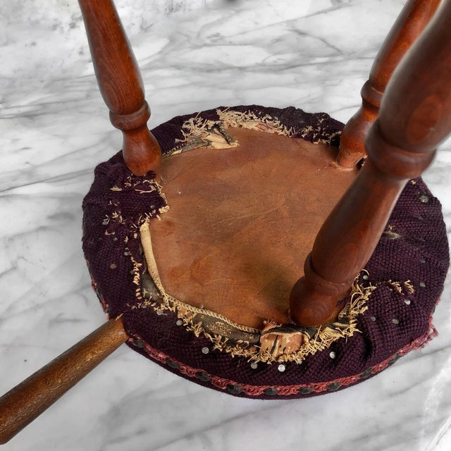 Early 20th Century Antique Farmhouse Country Floral Needlepoint Maple Milking Footstool For Sale - Image 5 of 11