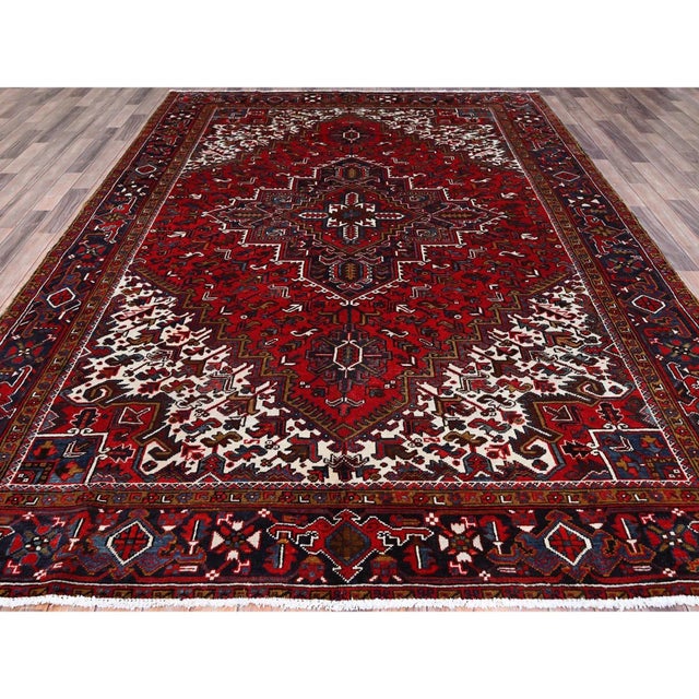 1960 7'9"x10'9" Ruby Red Geometric Medallion Old Persian Heriz Hand Knotted Wool Rug For Sale In New York - Image 6 of 12