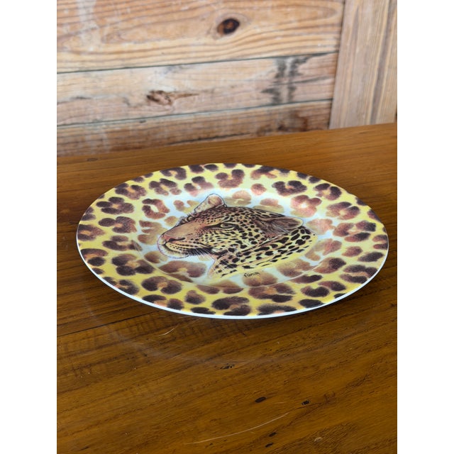 Godinger Vintage I. Godinger 1855 Email De Limoges Leopard Safari Cabinet Plate by Fiorilli For Sale - Image 4 of 12