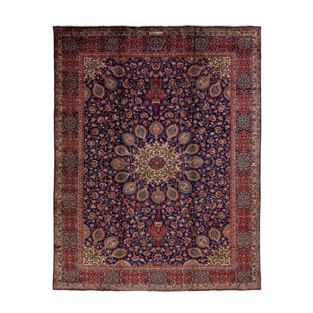 Blue Vintage Tabriz Persian Wool Rug Handmade From the 1940s With Rosette Motif For Sale