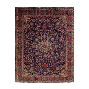 Blue Vintage Tabriz Persian Wool Rug Handmade From the 1940s With Rosette Motif