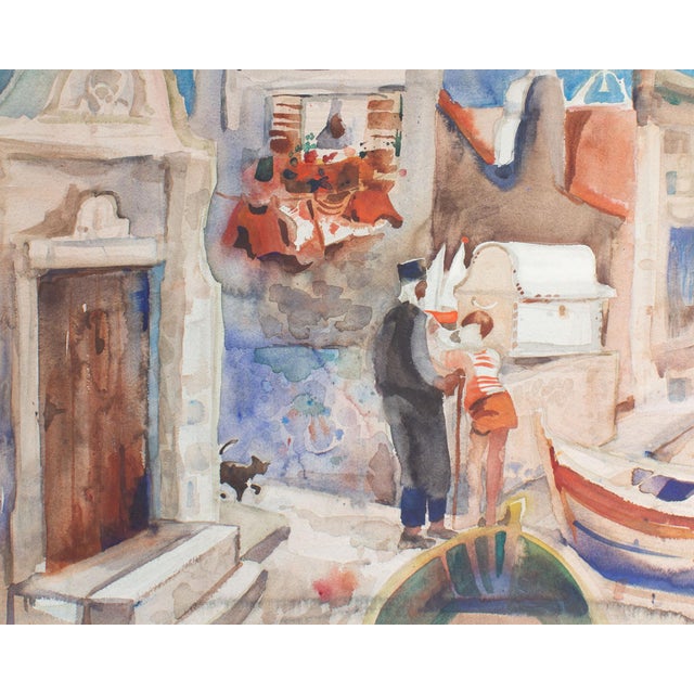 A watercolor painting by the American artist Virginia Brooks (1925-2021). A man and a boy chat at a street corner of a...