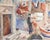 A watercolor painting by the American artist Virginia Brooks (1925-2021). A man and a boy chat at a street corner of a...