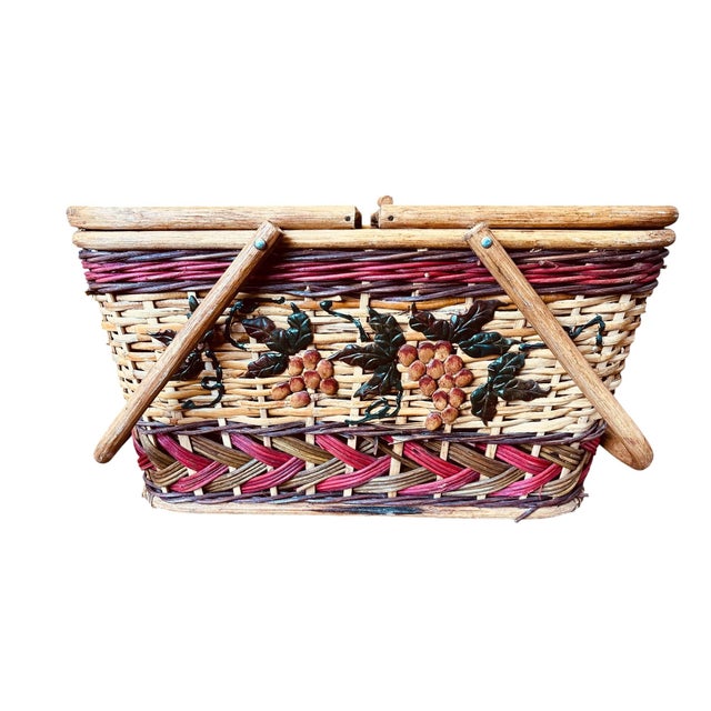 Vintage Wicker Picnic Basket With Grape Vine Motif & Folding Handles For Sale In Greensboro - Image 6 of 10