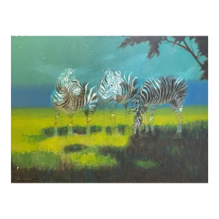 1990s Zebras Nocturnal Expressionism Oil Painting For Sale