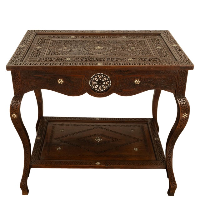 Antique Islamic Moorish Arab Mother-of-Pearl Inlaid & Carved Table Damascus 1890 For Sale - Image 4 of 12