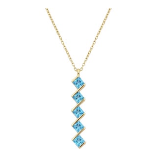 Swiss Blue Topaz Vertical Wave Necklace | 18k Gold Plated Linear Pendant | Chic Square Cut Gemstone Necklace For Sale