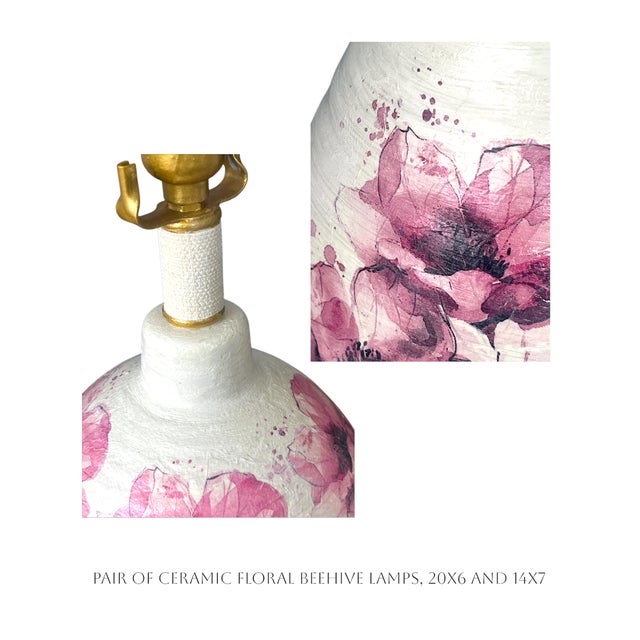 2020s Cream Ceramic Beehive Table Lamps With Pink Magnolia and Linen Weave Accents For Sale - Image 5 of 5