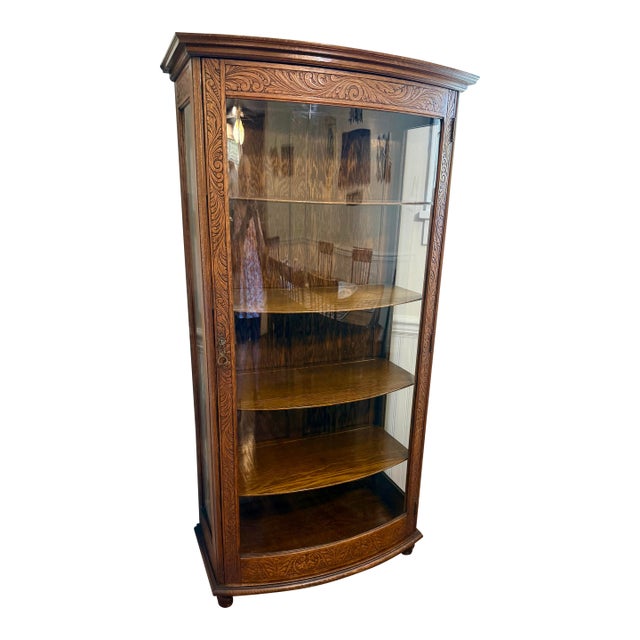 Late 19th Century Tiger Oak Curved Glass China Cabinet For Sale