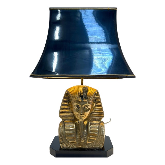 Vintage Egyptian Revival Table Lamp with Black Shade For Sale