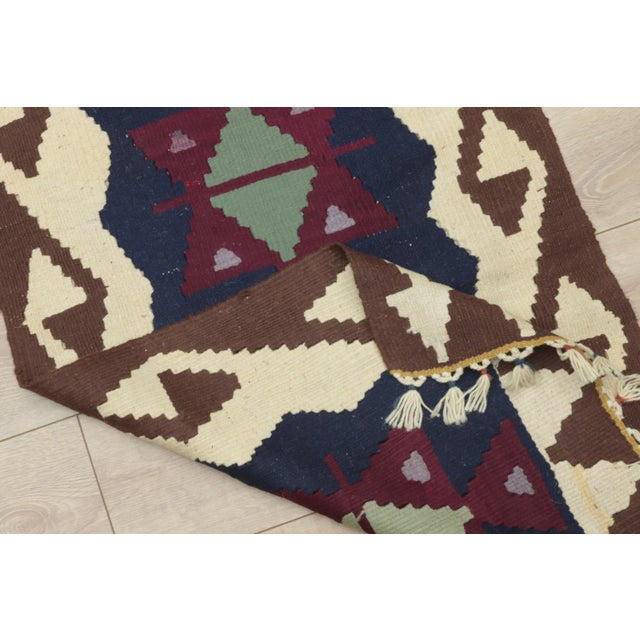 1970s Scandinavian Geometric Style Turkish Navy Blue and Blue Oushak Kilim Rug For Sale - Image 10 of 11