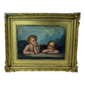 19th Century Oil Painting of Two Cherubs Putti Cupid Angels After Raphael