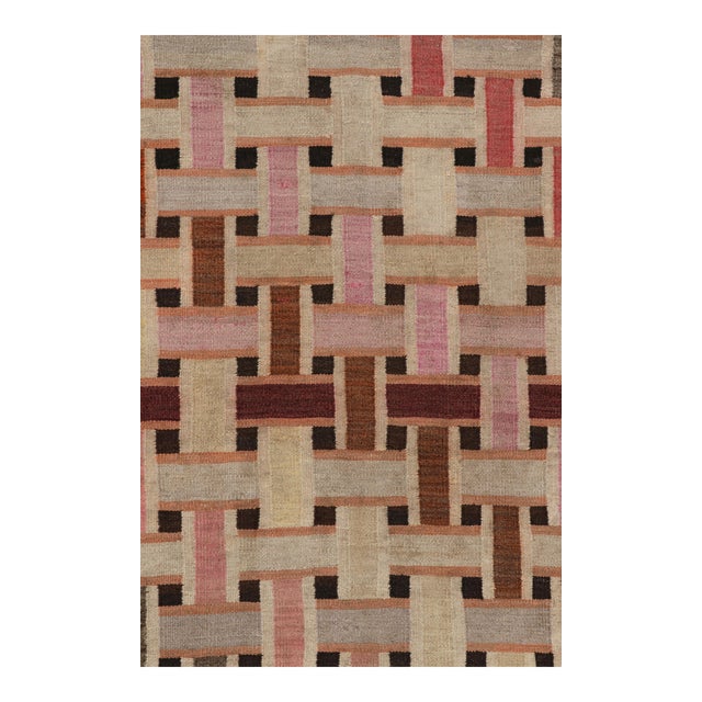 Traditional Vintage Mid-Century Bessarabian Kilim Rug in Brown and Pink Geometric Pattern For Sale - Image 3 of 7