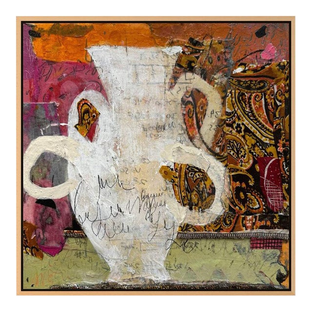 Christiane Corcelle "Four-Handled Serenade" Mixed Media on Canvas, Small Abstract Still Life of a White Vase on Paisley, 2023 For Sale