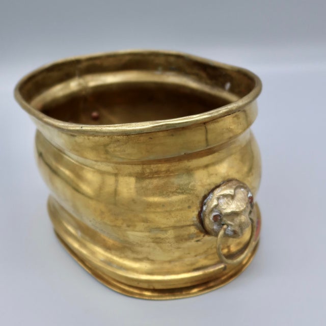Vintage Gilt Metal Oval Cachepot Planter With Lion Head Ring Handles For Sale In Austin - Image 6 of 11