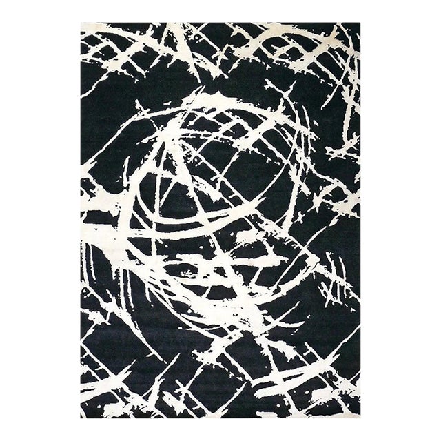 Indian Modern Orba Wool & Silk 9x12 Black & White Handmade Area Rug #1144033 For Sale