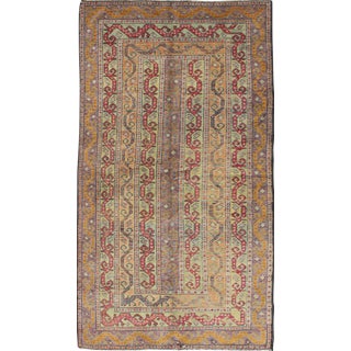 Antique Turkish Rug With Vertical Stripe Design in Light Green, Red, Light Orange and Purple For Sale