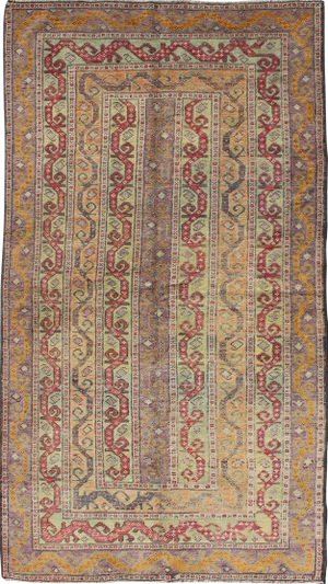 Antique Turkish Rug With Vertical Stripe Design in Light Green, Red, Light Orange and Purple