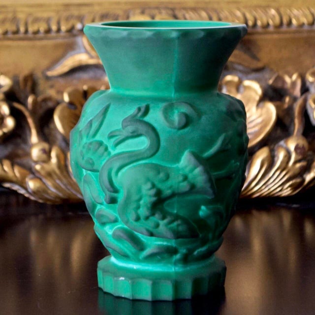Elegant Art Deco malachite glass vase by Curt Schlevogt for Ingrid, dating to the 1930s. This sculptural piece features a...