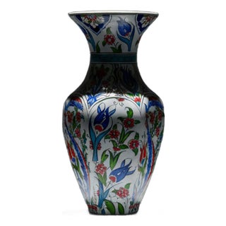 Handmade Ceramic Hexagonal Vase (25cm) – Ottoman “Saz” Style Leaves – Faceted Body & Turquoise Accents For Sale