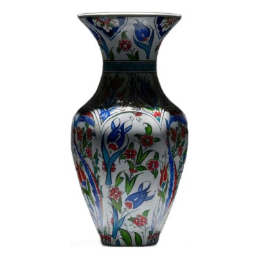 Handmade Ceramic Hexagonal Vase (25cm) – Ottoman “Saz” Style Leaves – Faceted Body & Turquoise Accents For Sale