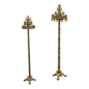 20th Century Gothic Style Solid Cast Brass Tiered Floor Standing Candelabra Tripod Bases a Pair