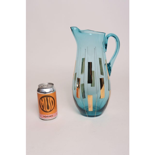 Glass Vintage Hungarian Hand Blown Blue Crystal Glass Pitcher With Gold Leaf Accents For Sale - Image 7 of 15