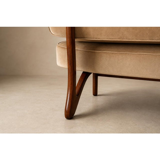 Brazilian Modern Sofa in Imbuia Wood and Champagne Camel Mohair, Cimo, Brazil, 1950s For Sale - Image 11 of 18