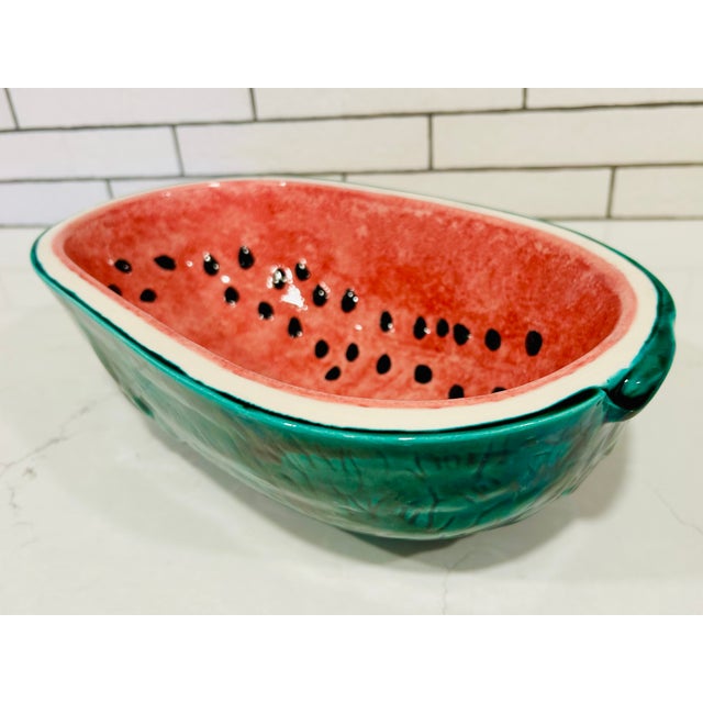 Vintage Watermelon Glazed Pottery Serving Bowl - Green Red Oval Bowl For Sale - Image 4 of 11