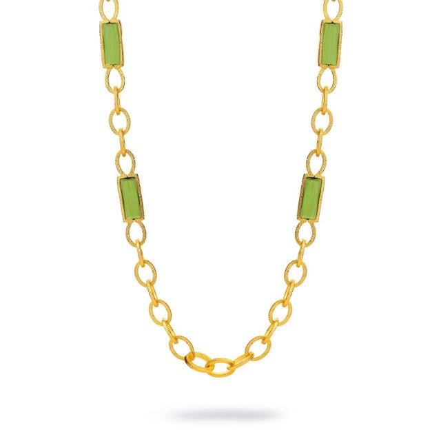 Gold Versatile Glow Green Cat Eye Gold Long Necklace For Sale - Image 8 of 9