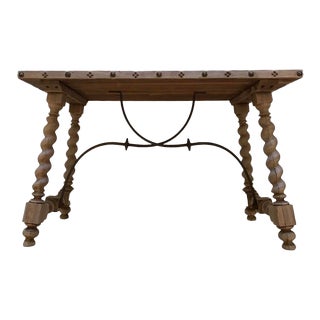 Circa 1880's Spanish Table With Iron Stretcher and Turned Legs For Sale