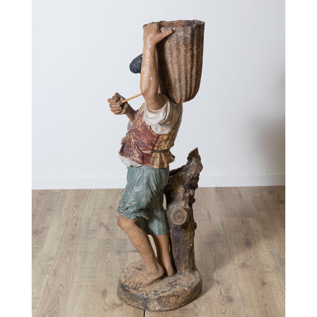 Figurative 19th Century Polychrome Painted Metal Figure of a Boy with Basket For Sale - Image 3 of 12
