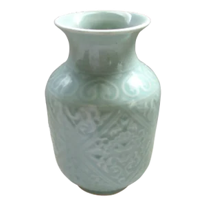 Late 20th Century Chinese Carved Celadon Porcelain Vase, Signed