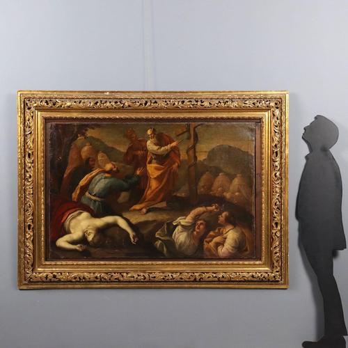 Oil on canvas, applied to a reinforced canvas. 17th-century Northern Italian school. The scene is taken from the biblical...