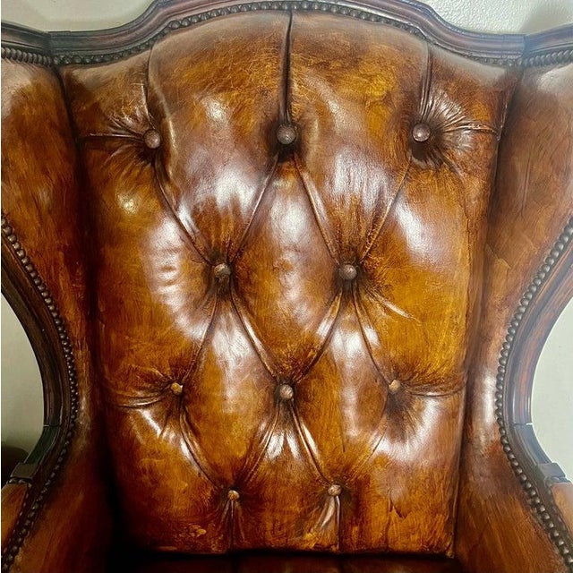 Pair of French Leather Tufted Wingback Chairs C. 1930 For Sale - Image 12 of 13
